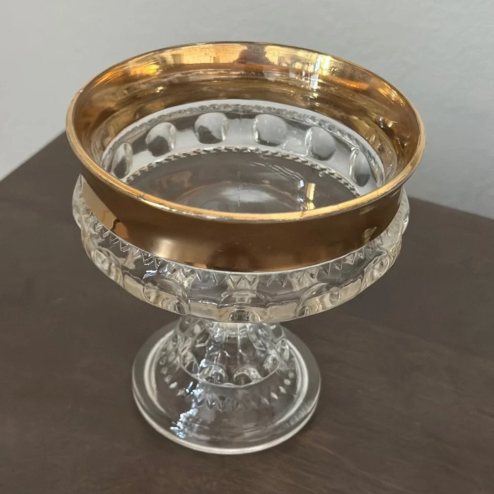VTG Indiana Glass Kings Crown Thumbprint Pedestal Compote Candy Dish Gold Rimmed
